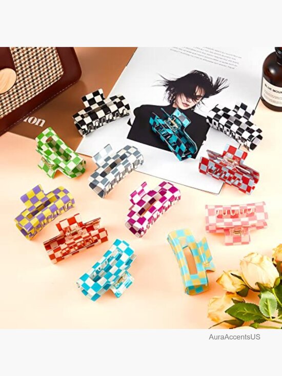 12 Pack Hair Claw Clips 3.2 Inch Nonslip Plaid Rectangle Claw Clip Strong Hold